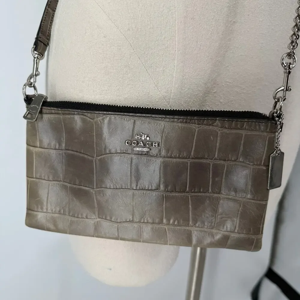 Coach Kylie Croc Embossed Leather Zip Top Mini Bag Clutch Travel Crossbody